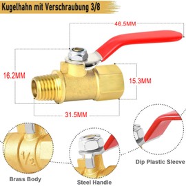 Pack of 2 3/8 inch brass ball valve, ball valve with 3/8 inch male x female, water shut-off valve with handle red for water pipes/tap