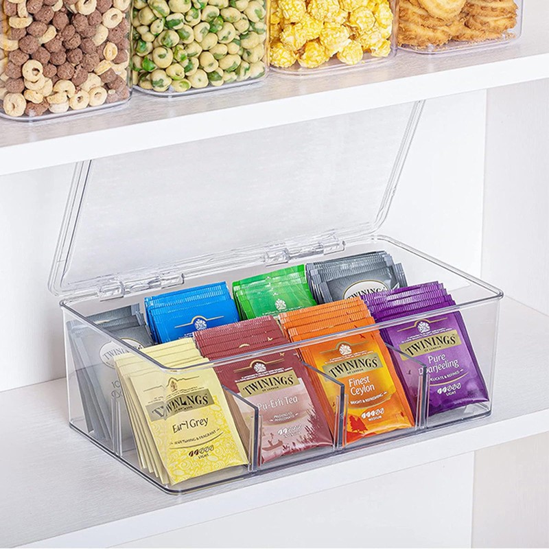 Tea Coffee Bag Storage Box with Lid and 4 Removable