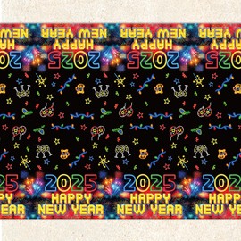Fancy Land Happy New Year Tablecloth 2025 Colorful Fireworks Table Cover Glow in The Dark Table Decoration for New Year Party Christmas Holiday Carnival Supplies 3Pcs