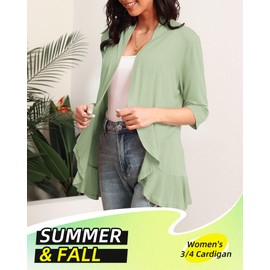 Argstar Sage Green Cardigan for Women, Open Front Casual Lightweight Soft Draped Ruffles 3/4 Sleeve XL