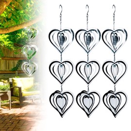 Stainless Steel Wind Spinner,3D Silver Indoor Outdoor Garden Decoration Crafts Ornaments,Metal Wind Chimes for Outside Decor,Decorations to scare away yard birds (9 hearts)