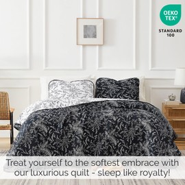 Southshore Fine Living, Inc. Oversized King Quilt Bedding Set, Botanical Fern Print Bedspread King Size, Reversible Print 2-Sided King/Cal King Quilt Coverlet & Matching Shams, Black & White