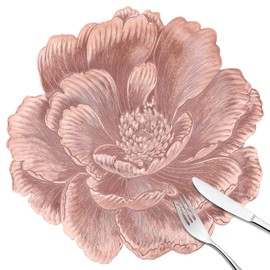 fanquare 3D Rose Gold Flower Placemats Set of 6, 15" Metallic Pressed Vinyl Round Table Mats for Kitchen Dining Wedding Party