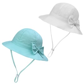 MaxNova Baby Sun Hat UPF 50+ Toddler Bucket Hat for Girls 0-5 Years, 2pack White/Aqua, 0-6 Months