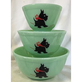 Mixing Nesting Bowls Set of 3 - American Made - Mosser - Jade Glass w/Red Bow Scottie Dogs