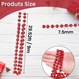 Trimming Shop 9 Metres Shiny Bead Garland for Christmas Tree Decoration - 7.5mm Pearl String Garland, Beaded Chain, and Artificial Pearls Tinsel for Xmas Hanging Ornaments, Red