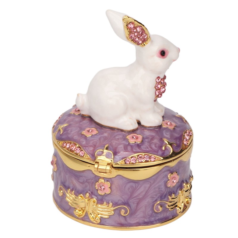 Rabbit Trinket Box Vintage Metal Enamel Antique Floral Engraving Pattern
