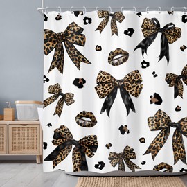 Newsely Leopard Print Bow Shower Curtain 60" W x 72" L Inch Woman Girls Bownot Retro Brown Cheetah Fashion Shower Curtain Bathroom Set Vintage Modern Waterproof Bath Decoration Accessories Home Decor