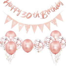 12Pcs Rose Gold Happy 30th Birthday Decorations Set for Her, Women's Balloons, Number 30 Banner, Triangle Flag Banner for Party Supplies