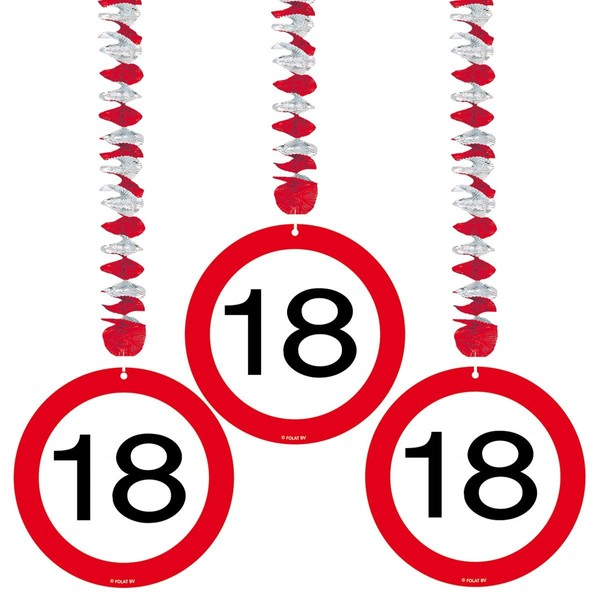 Creative Traffic Sign 18th Party Hanging Decor Pack of 3, 3 Traffic Sign Designs on foil Spiral Hanging Decorations