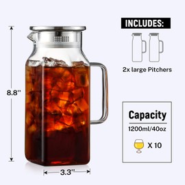 Netany 2 Pack 1.2 Liters/40 oz Square Glass Pitcher with Lid and Handle for Fridge, Iced Tea and Coffee Carafe Beverage Serveware, Heat Resistant Borosilicate Water Jug for Hot/Cold Drinks and Milk