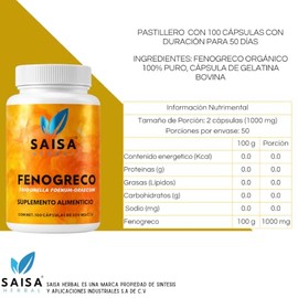 Fenogreco 100% Puro bolsa con 100 cápsulas