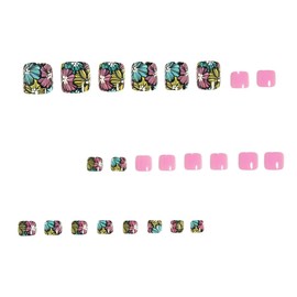 Summer Press on Toe Nails Pink Fake Toe nails with Blue Yellow Flower Designs False Toenails Square Glue on Toenails Blossoms Stick on Toe Nails Glossy Acrylic Toenails Full Cover Artificial Toenail
