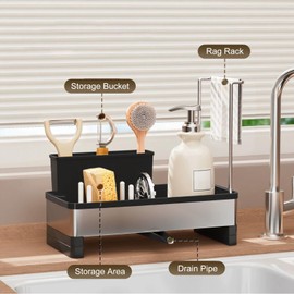 Thesurfpait Sponge Holder for Kitchen Sink - Stainless Steel Sink Caddy Holds Brush, Dish Cloth and Soap Dispenser Rustproof Countertop Organizer (Black)