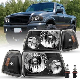 SOCKIR Headlight Assembly Compatible with 01 02 03 04 05 06 07 08 09 10 11 Ford Ranger Passenger and Driver Side with Corner Light 4PCS with Bulbs (Black Housing with Amber Reflector)