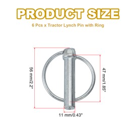 PATIKIL M11x47 mm Tractor Lynch Pin with Ring, 6 Pcs Heavy Duty Assortment Kit Lock Pin Clips for Tractors Trailer Farm Trucks Mowers, Silver Tone