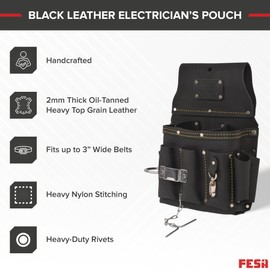 FESA Leather Electrician Tool Pouch - 13-in-1 Top Grain Leather Electrician Pouch w/Steel Hammer Loop, Tape Measure Clip, Tape T-Chain & 6 Pockets - Fits Belts up to 3" - Handcrafted (Black)