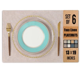 UnivoColors Set of 6 Faux Linen Placemats, Heat-Resistant & Easy-to-Clean,13"x19"for Dining Table, Kitchen, Holiday Meals (Beige)