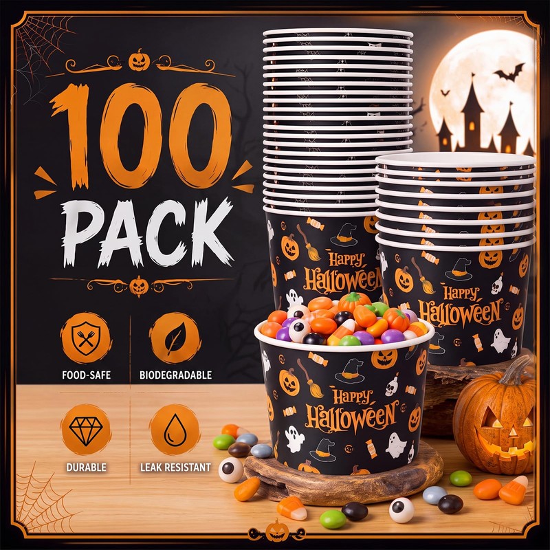 50 Pack Halloween Soup Bowls 9oz Disposable Paper Snack Cups