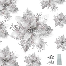 WUBAYI 12Pcs Christmas Tree Flowers Decor with 12 Stems & Clips, Christmas Glitter Artificial Poinsettia Flowers for Xmas Tree Wedding New Year Xmas Garland Wreath Decoration(Silver)