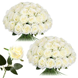 Nubry 50 piezas de rosas de seda artificial a granel, flores falsas con tallos, flores realistas para centro de mesa de boda, decoración para el hogar y fiestas (blanco)