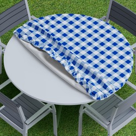 Sorfey Round Tablecloth -Fitted with Elastic, Vinyl with Flannel Back, Fits for Table 30 Inches Round,Water Proof, Easy to Clean, Checked Blue Design