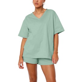 REORIA Women Cotton V Neck Tracksuit Set Lounge Wear Sets Short Sleeve Two Piece Outfit Solid Color Co Ord Sets Grey Green M