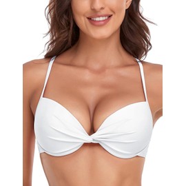 Colloyes Women's Push Up Bikini Top Twist Front Underwire Molded Soft Pads Vintage Bikini Swimsuits Tops White Size Large