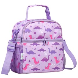 Lunch Box Bag for Kids,VASCHY Insulated Double Compartments Cooler Lunch Tote for Toddlers Girls School/Daycare/Picnic Lilac Dinos