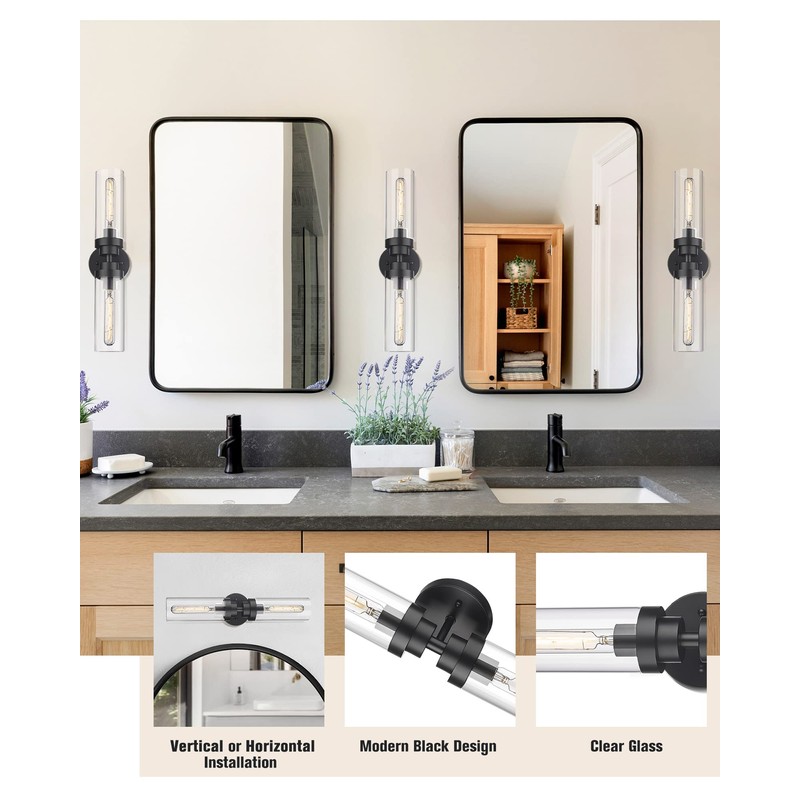 Emak 22 Inch Black Bathroom Light Fixtures Over Mirror, 2-Light