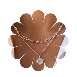 Yheakne Boho Layered Moonstone Necklace Gold Opal Moonstone Pendant Necklace Paper Clip Chain Choker Necklace Punk Flat Chain Necklace Jewellery for Women and Girls (Gold)