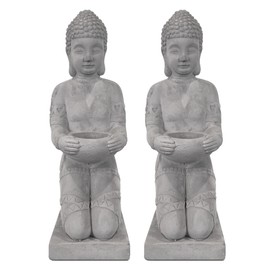 Kante 12.8" H Set of 2 Cement Composite Buddha Statues Ornament, Natural Concrete Indoor/Outdoor Tabletop Décor