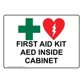 ComplianceSigns.com First Aid Kit AED Inside Cabinet Label Decal, 5x3.5 in. 4-Pack Vinyl for Emergency Response Industrial Notices Facilities