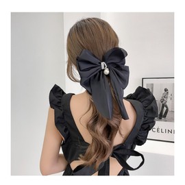 Large Satin Hair Clips with Long Ribbon Bows - Big Hair Accessories for Women and Girls, Metal French Barrettes in Black and Wine Red (Style B)