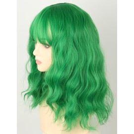 LeMarnia Women's Green Wig Short Bob Wavy Wig Heat Resistant Shoulder Length Curly Wig Theme Party Costume Wig