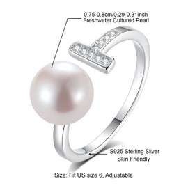 BAMIKI Womens Pearl Ring 925 Sterling Silver 18K Gold Plated Genuine Black Freshwater Pearl T-shaped Ring Size:6