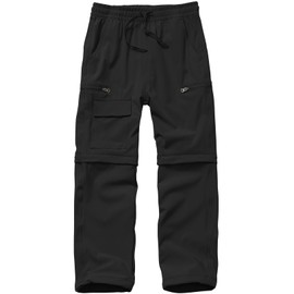 Boys Kids Hiking Cargo Pants, Youth Outdoor Quick Dry UPF 50 Lightweight Waterproof Climbing Caming Safari Convertible Pants #9022-Black-S