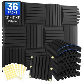 Focusound 36 Pack Curved Acoustic Foam Panels 3" x 12" x 12" Sound Proof Foam Panels Soundproofing Noise Cancelling Wedge Panels for Home Office Recoding Studio with 240 PCS Double-Side Adhesive