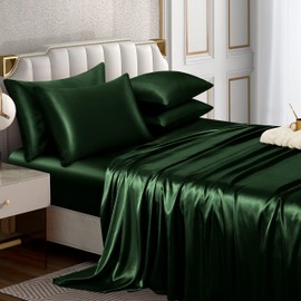 Horbaunal 6 Piece Satin Sheet Set Full Size Luxury Silky & Soft Emerald Green Satin Full Bed Sheet Set with 16" Deep Pocket, 1 Fitted Sheet, 1 Flat Sheet, 4 Pillowcases