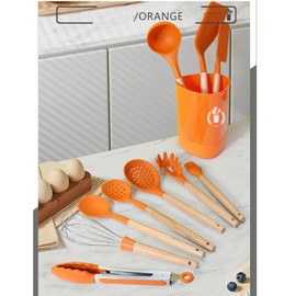 BRIIEC Orange Silicone Kitchen Cooking Utensils Set, Heat Resistant Silicone Kitchen Gadgets Utensils Set with Wooden Handle, Spoons Spatula Whisk with Holder for Nonstick Cookware