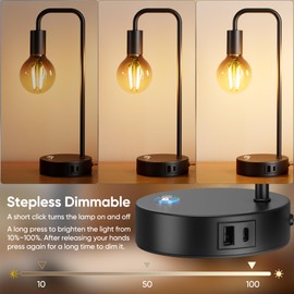 QiMH Industrial Table Lamps for Living Room, Farmhouse Table Lamp with USB A+C Ports, Minimalist Bedside Lamps set of 2, Touch Control Stepess Dimmable,8W G80 Globe Bulb, Black Lamps for Bedroom