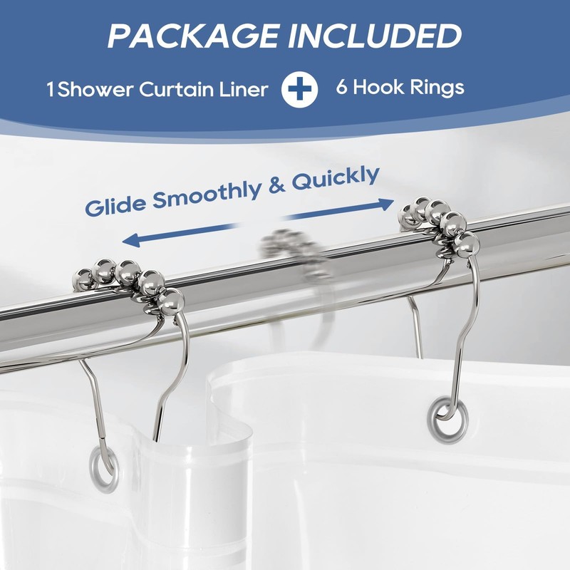 downluxe Clear Shower Curtain Liner with Hooks, Plastic Shower Liner,