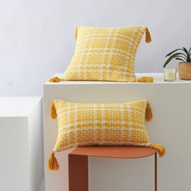 YunJeude Cushion Cover 17.7 x 17.7 inches (45 x 45 cm), Set of 2, Handwoven with Tassels, Antique Chinoiserie, Diagonal Line, Lattice, Nordic, Stylish, Interior, Sofa Back, Decorative Pillow Cover,