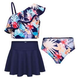 GRACE KARIN Girls 3 Pieces Swimwear Set Summer Adjustable Strap Ruffle Bikini with Skirt Navy Blue Floralr 6 Years