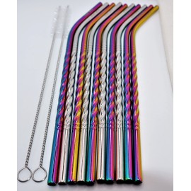 Stainless Steel Drinking Straw Set - Reusable - 10 Pack Luxurious Spiral Straws - 6 Rainbow + 4 Silver