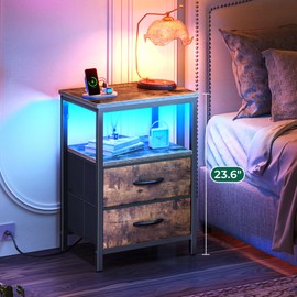 Huuger Night Stand with Charger Station and LED Lights, 2 Drawer Nightstand, Bed Side Table with Open Shelf, End Table, Fabric Dresser for Bedroom, Rustic Brown