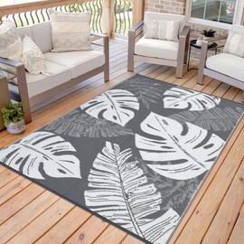 dainslef Large Outdoor Rug 9 x 12 Waterproof Plastic Straw Rug, Modern Tropics Palm Leaves Camping Rug for Patio, Reversible Mat for Outside Patio RV Porch Deck Balcony, Grey White