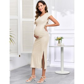 AISWI Women's Split Maternity Dress Fine Ribbed with Sparkly Gold Foil, Bodycon Ruched Pregnancy Dresses Baby Shower, Apricot, Large