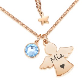 Personalisierte Kette mit Schutzengel und Geburtsstein in Silber und Rosegold | Taufgeschenke für Mädchen zu Kommunion Konfirmation Einschulung | Namenskette Personalisiert mit Gravur