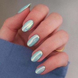 Chrome Press on Nails Short Oval Fake Nails Light Blue False Nails With Design Aurora Full Cover Acrylic Nails Solid Color Glossy Glue on Nails Stick on Nails for Women Girls Manicure 24Pcs